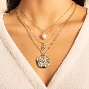 Ana Luisa Triple Layered Gold Pearl Textured Irregular Disc Necklace Set